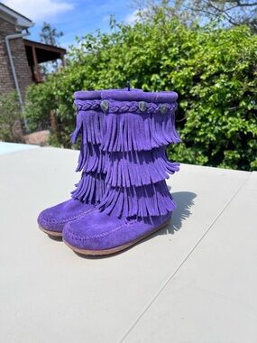 Minnetonka Purple Suede Fringe Toddler Boots with Braided Trim